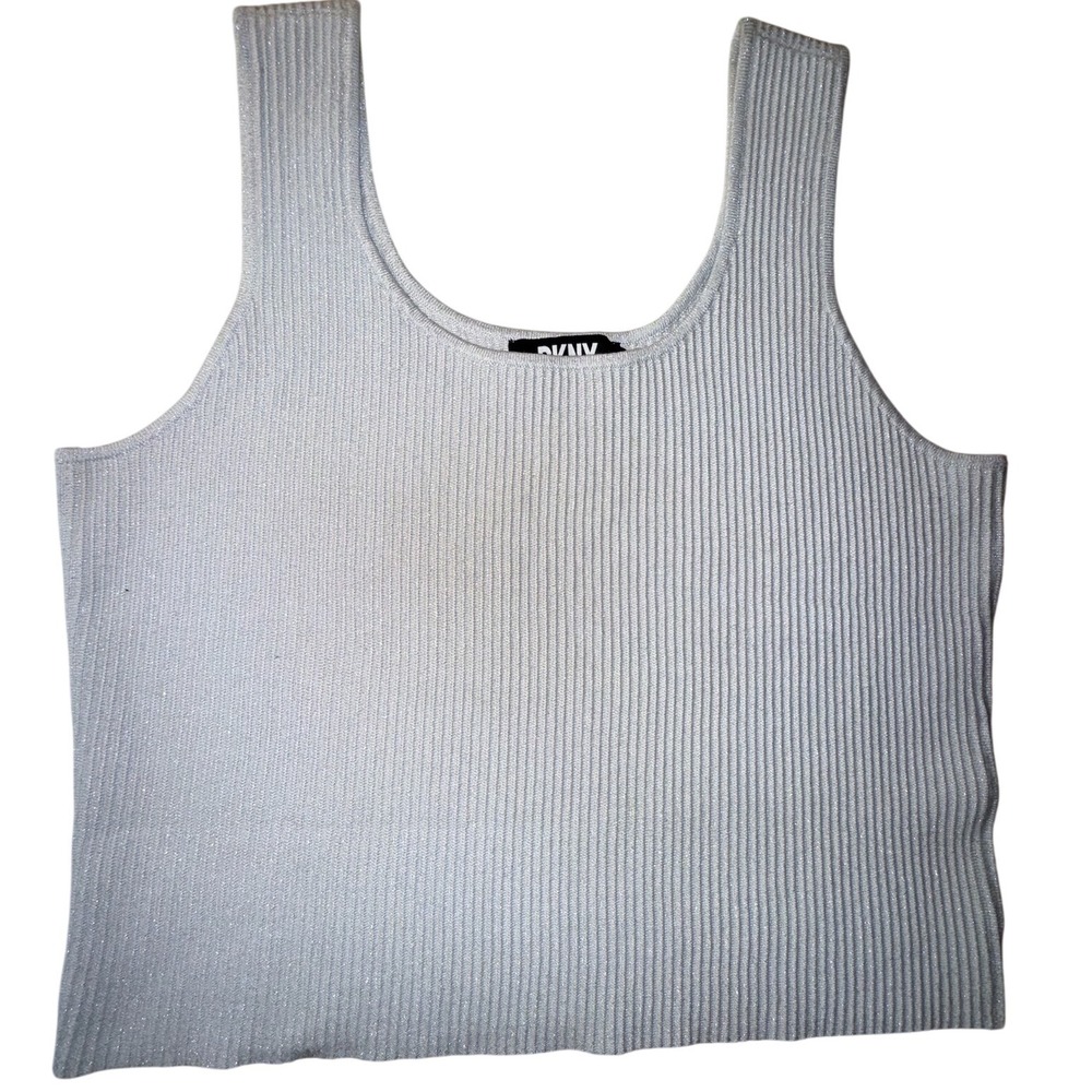 DKNY Womens Ribbed Knit Tank Top Metallic Blue Silver Scoop Neck Sleeveless L